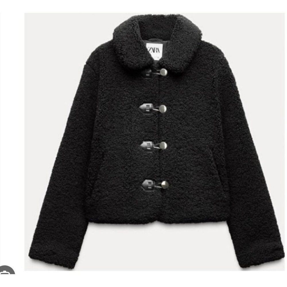 Zara Womens Short Shearling Jacket Coat Toggle Black L Large 8372/250 NWT
